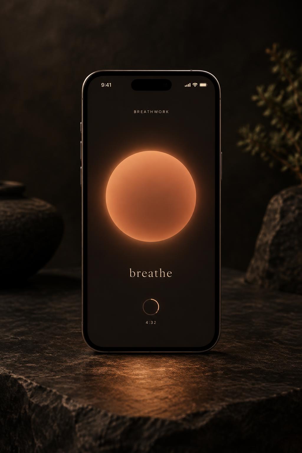 A phone running the Cosmo Breathwork app with a glowing breathing circle
