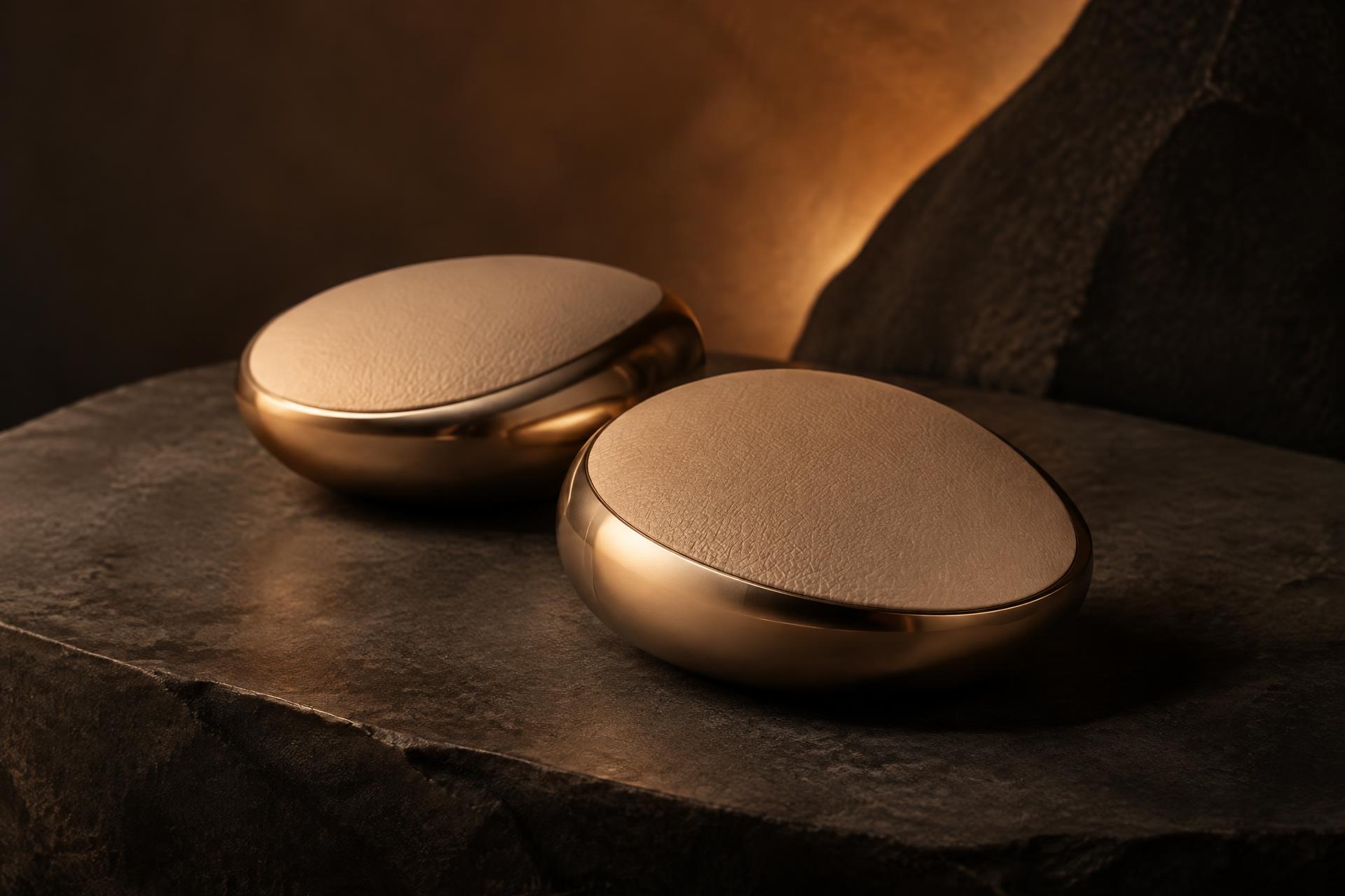 Two Cosmo Breathwork stones resting on dark stone, glowing warmly